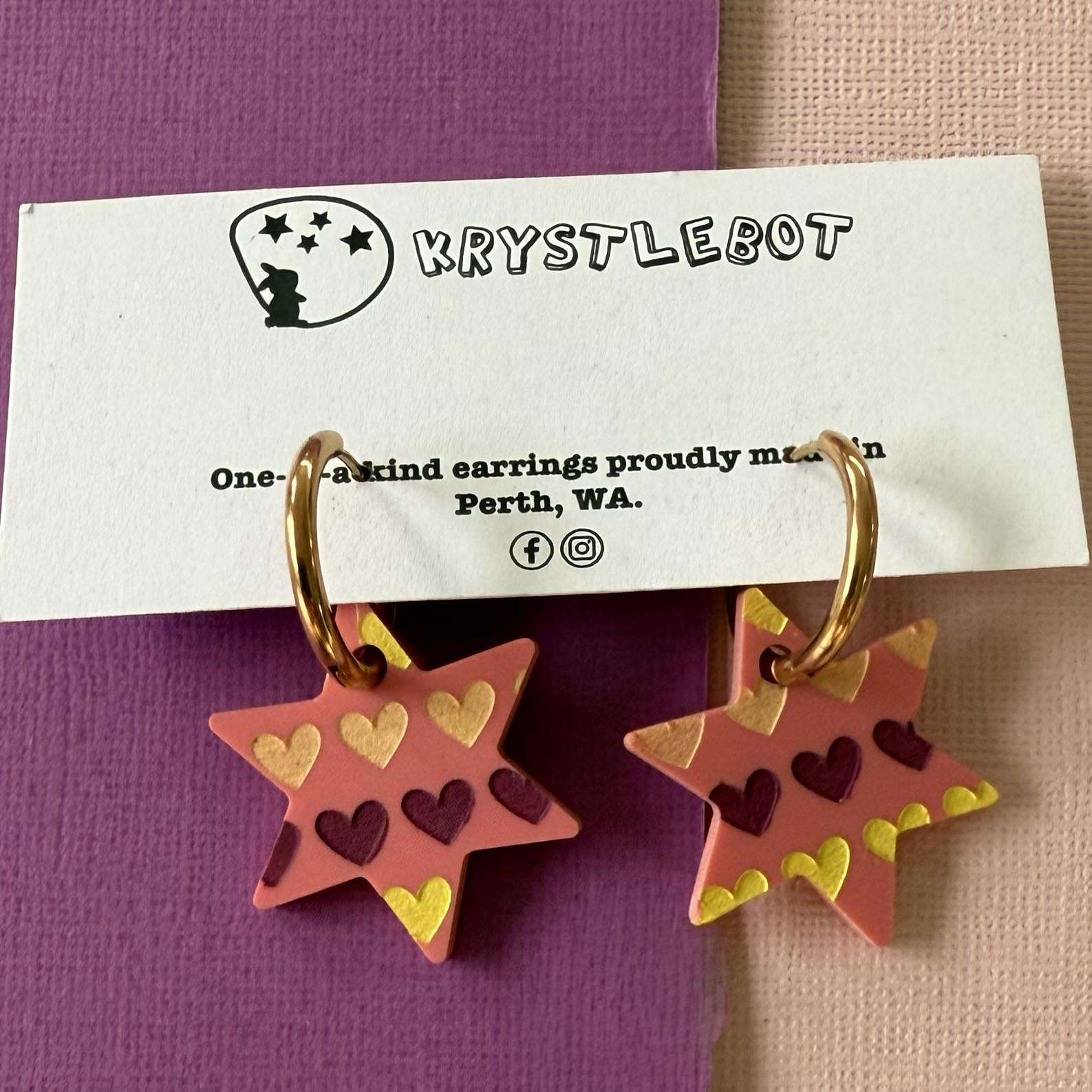 Raspberry star dangles hand painted with pink, yellow and peach hearts, Huggie Hoop Square Earrings, Lightweight Acrylic Dangles, One-Off