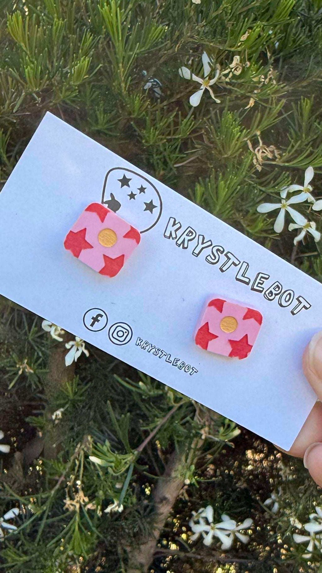 Pink red star and peach moon hand painted square shaped acrylic earrings, one-of-a-kind, only one made like this