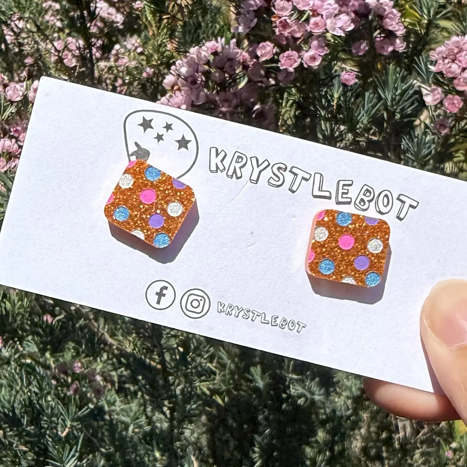 Orange glitter spotted hand painted square shaped acrylic earrings, one-of-a-kind, only one made like this