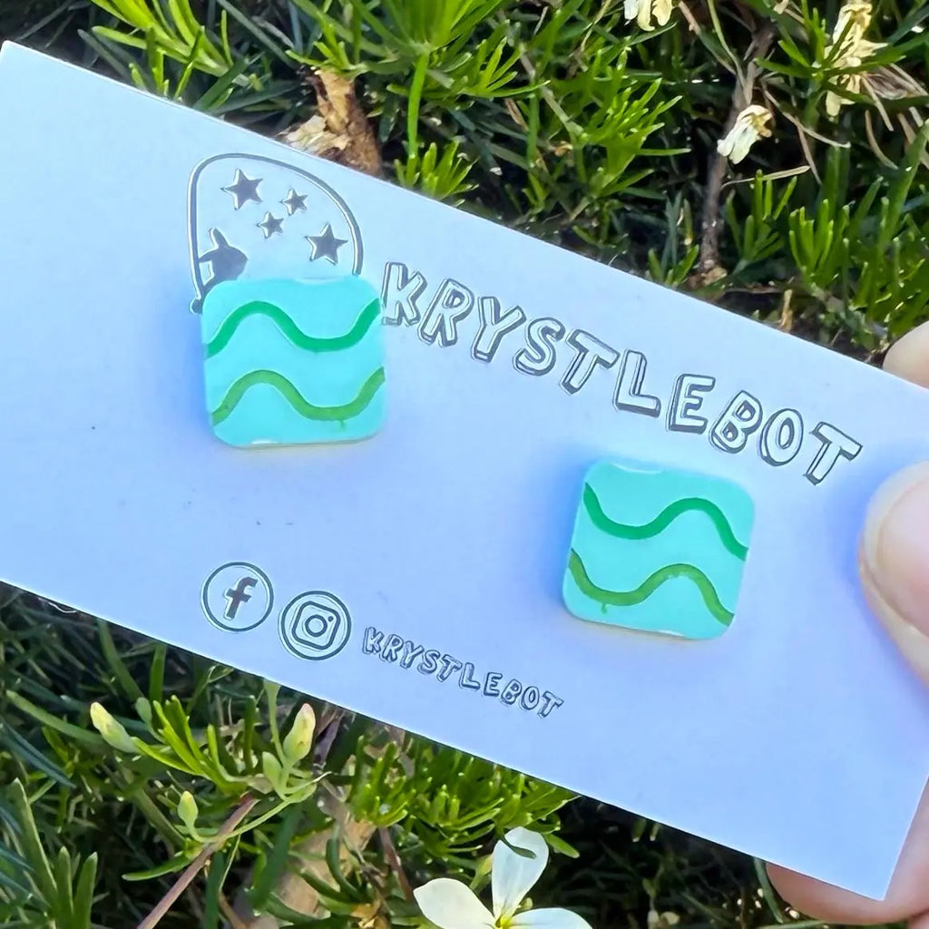 Green tonal wave hand painted square shaped acrylic earrings, one-of-a-kind, only one made like this
