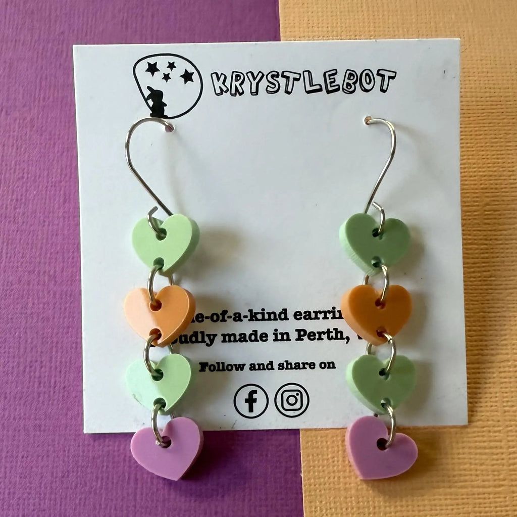 Green orange sweetheart dangles, mini heart dangles, acrylic earrings, teacher earrings, lightweight dangles