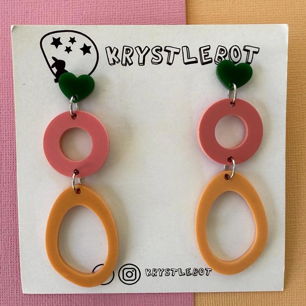 Green, orange and pink circle and large oval dangle earrings, Acrylic earrings, Lightweight dangles,Teacher Earrings