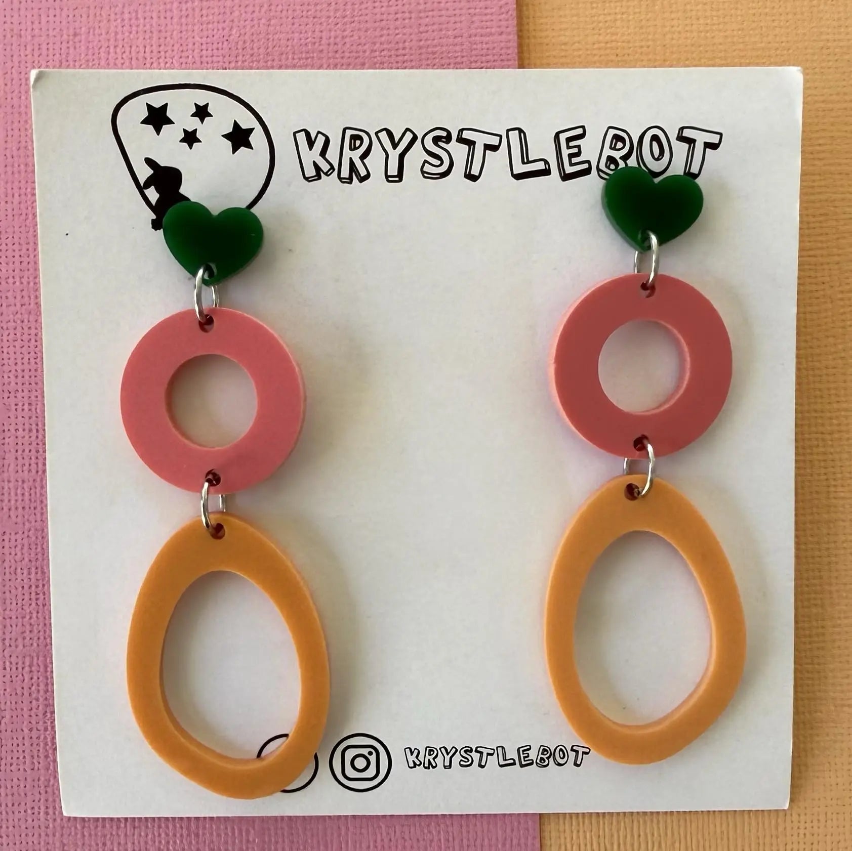 Green, orange and pink circle and large oval dangle earrings, Acrylic earrings, Lightweight dangles,Teacher Earrings
