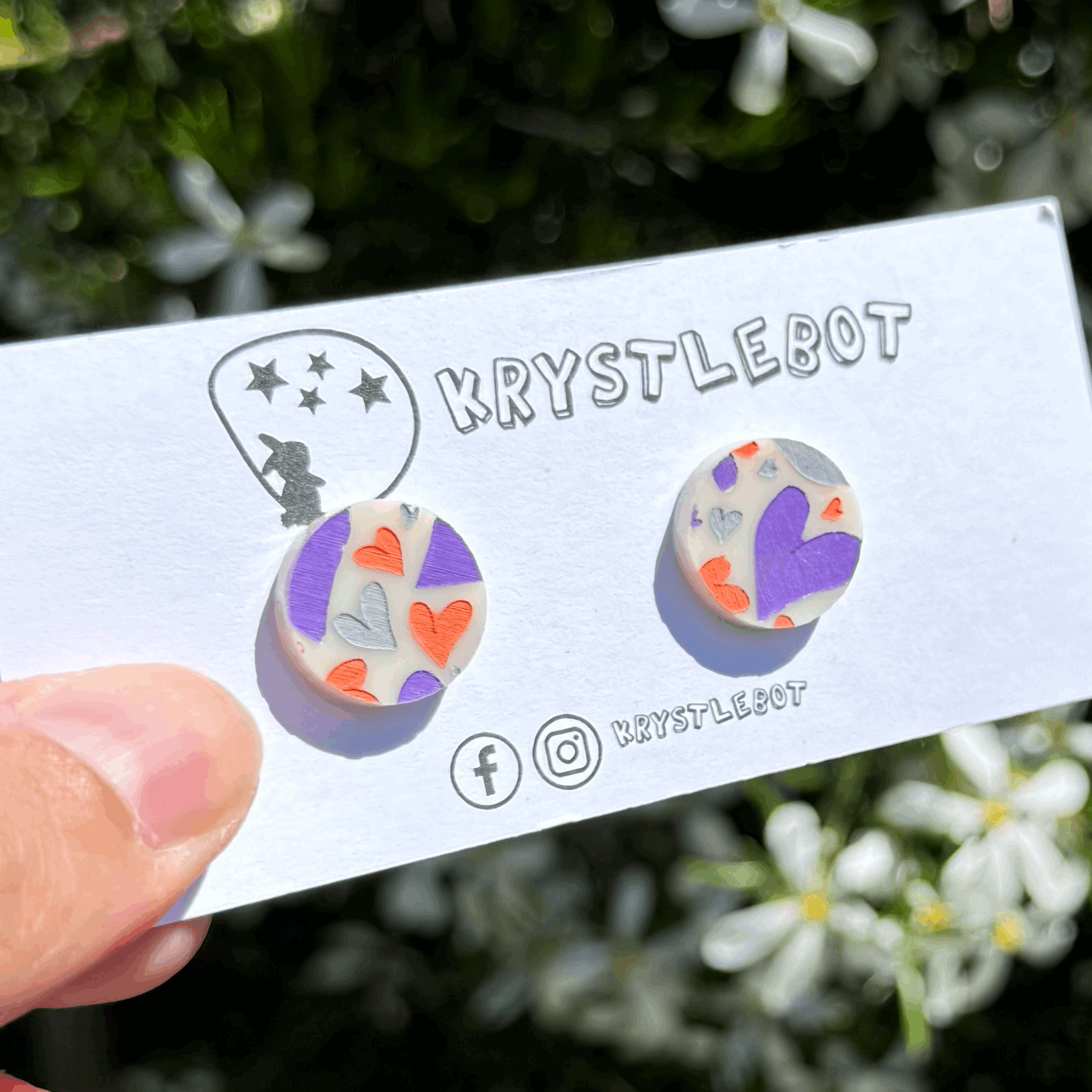 Heart pattern circle acrylic cream studs, hand painted in purple, orange and light grey. One-of-a-kind