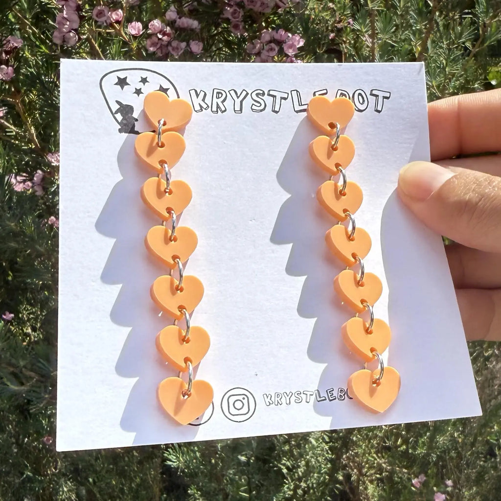 Orange sweetheart dangles, mini heart dangles, acrylic earrings, teacher earrings, lightweight dangles