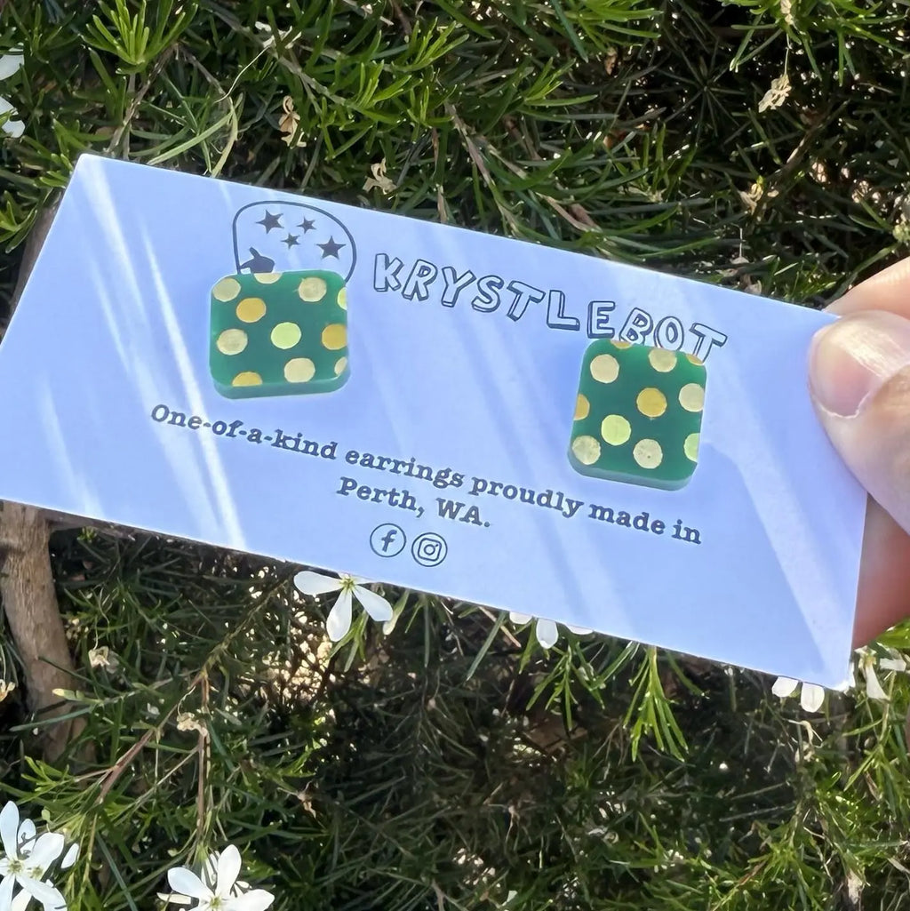 Green and yellow spotted hand painted square shaped acrylic earrings, one-of-a-kind, only one made like this