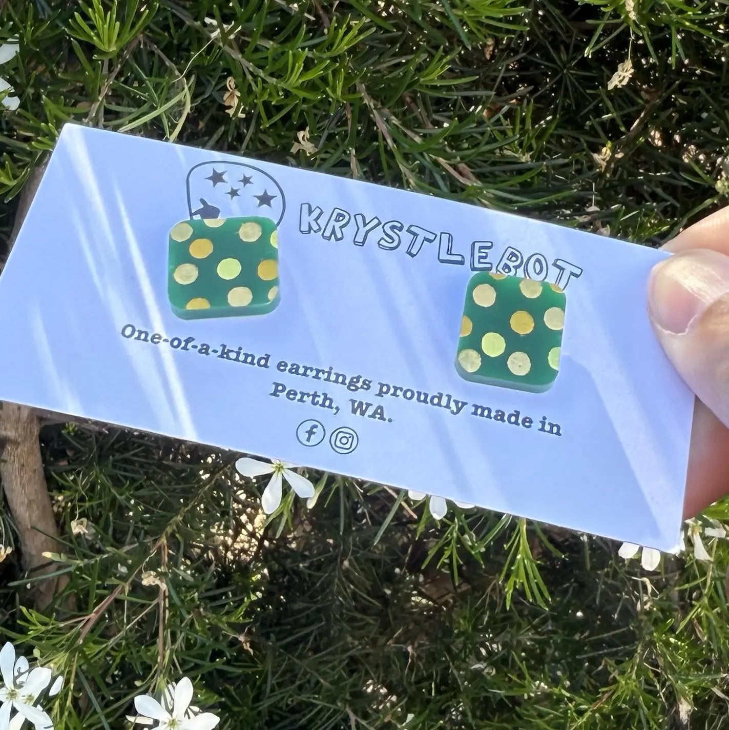 Green and yellow spotted hand painted square shaped acrylic earrings, one-of-a-kind, only one made like this