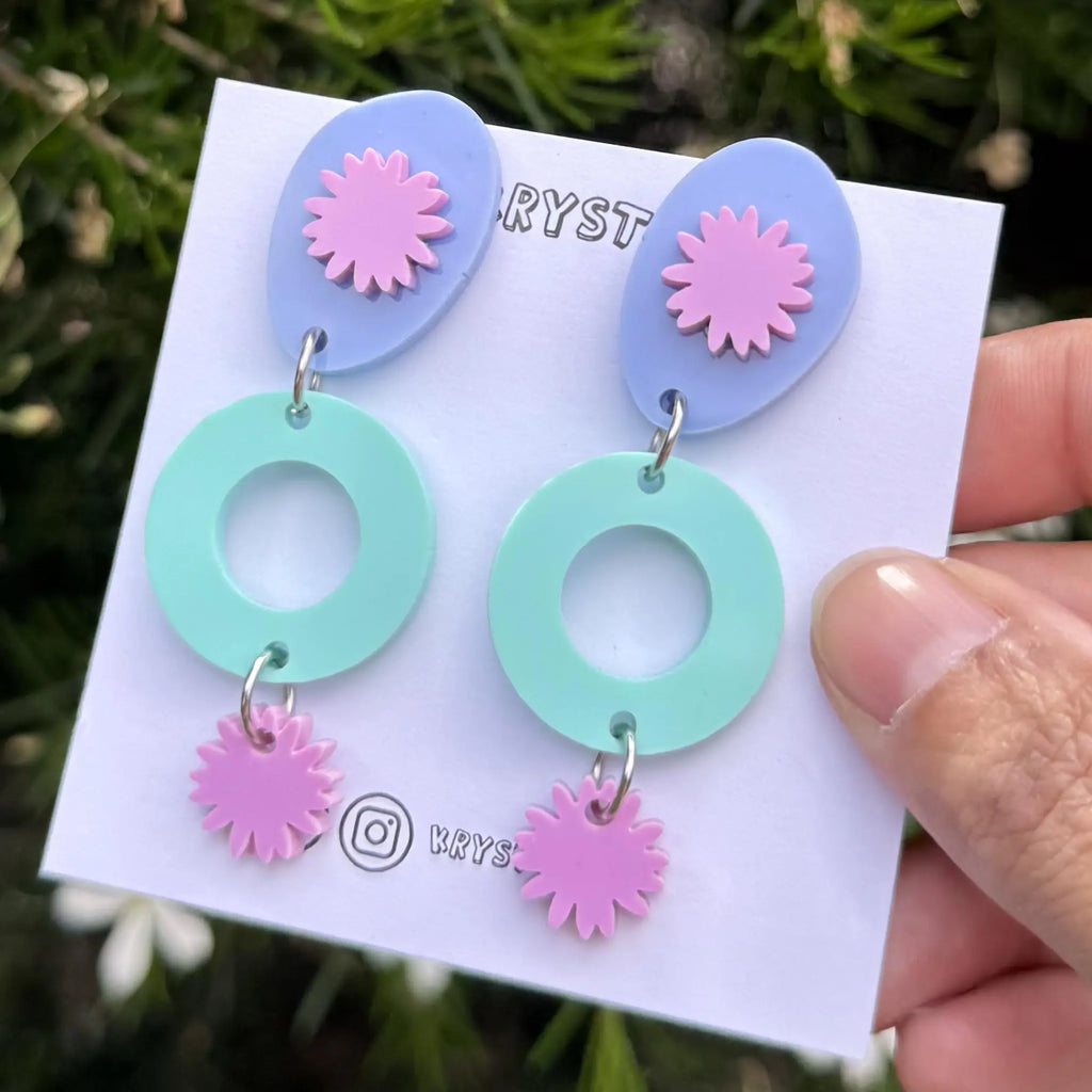 Mint purple and blue star burst Dangles, Acrylic earrings, Lightweight dangles,Teacher Earrings