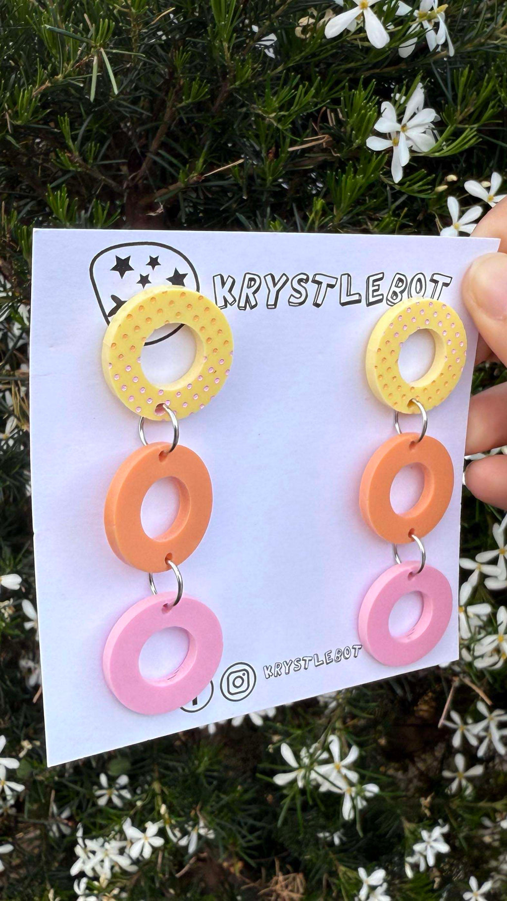 Yellow, Orange and Pink trio Circle Dangles with hand painted top (orange and pink), Acrylic earrings, Lightweight dangles,Teacher Earrings