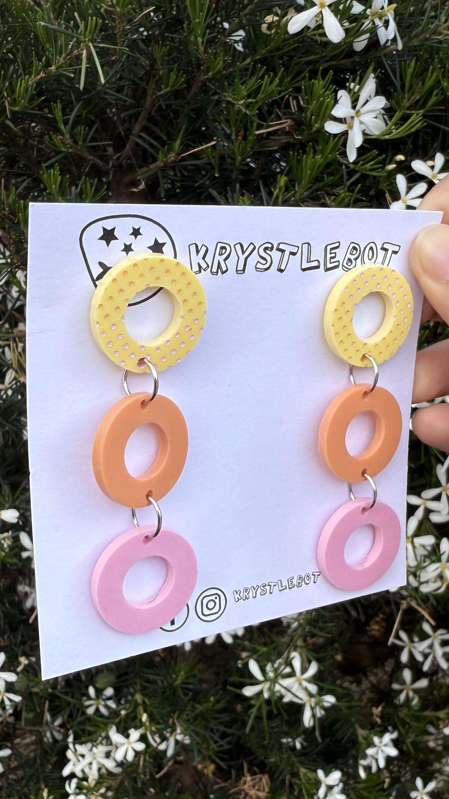 Yellow, Orange and Pink trio Circle Dangles with hand painted top (orange and pink), Acrylic earrings, Lightweight dangles,Teacher Earrings