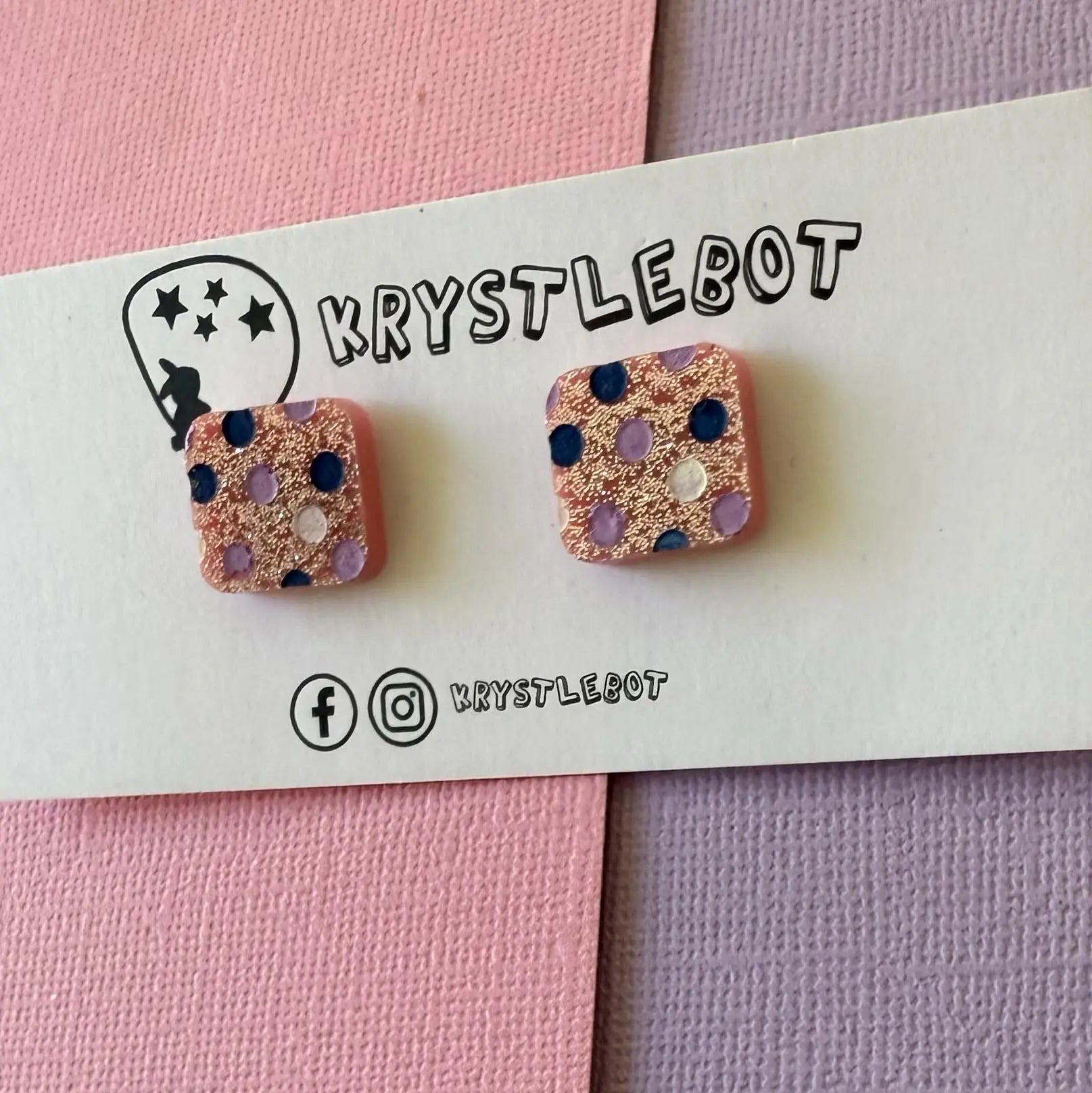 Pink glitter spotted hand painted square shaped acrylic earrings, one-of-a-kind, only one made like this