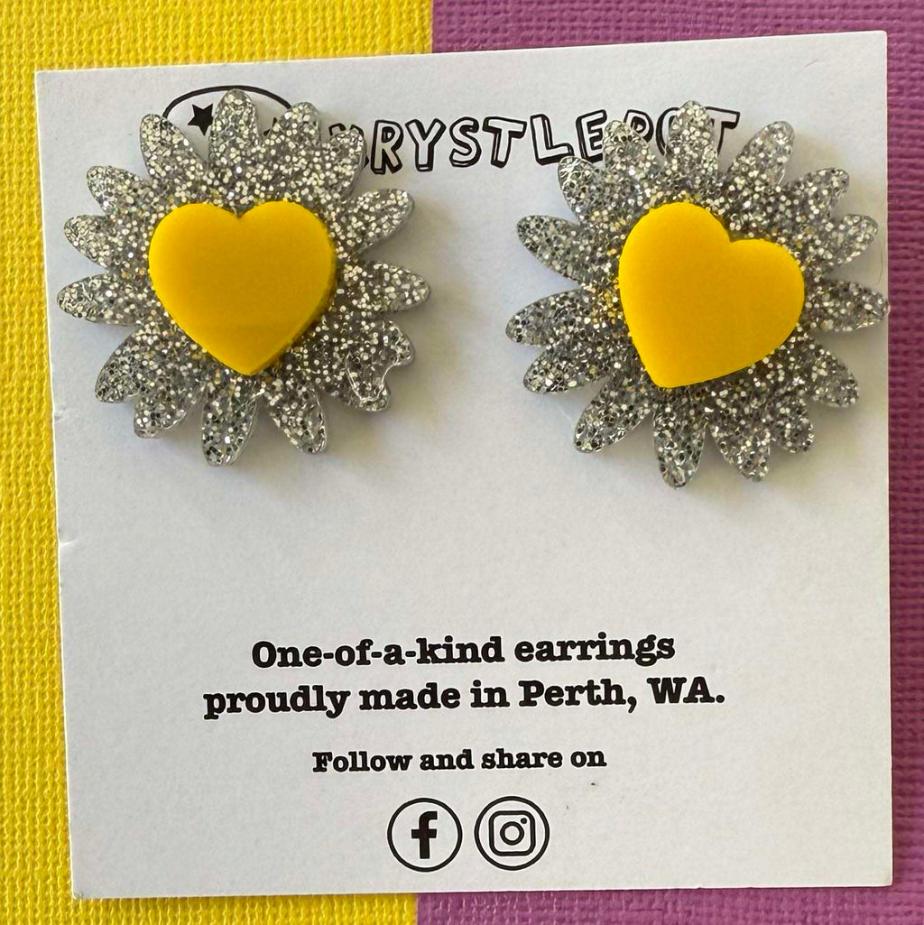 Silver and yellow stacked sunflower stud statement earrings, teacher dangles, big large earrings, acrylic earrings