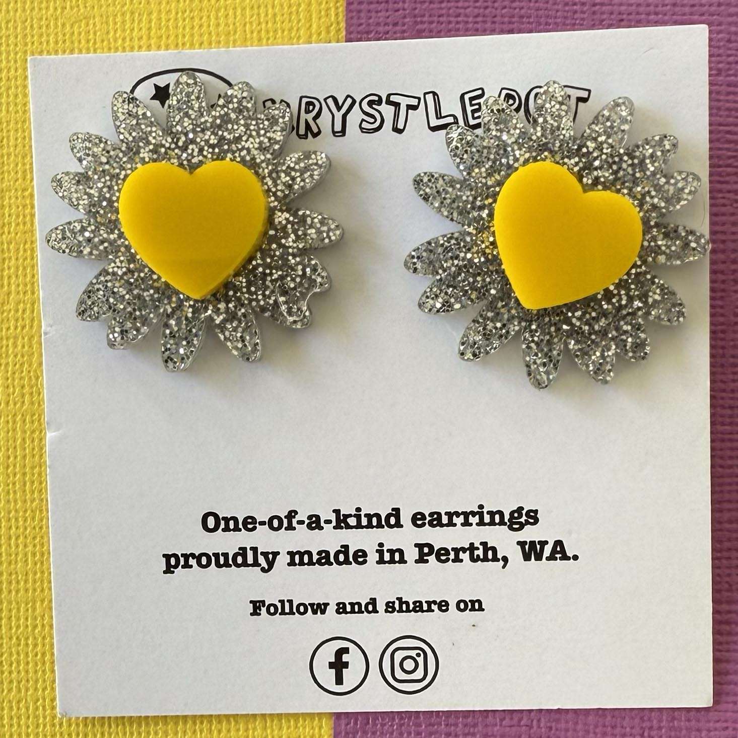 Silver and yellow stacked sunflower stud statement earrings, teacher dangles, big large earrings, acrylic earrings