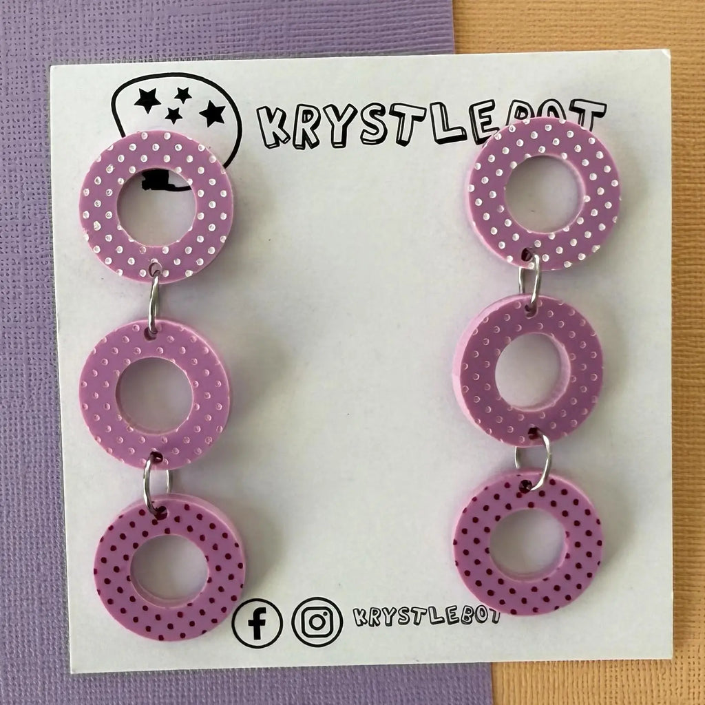 Purple painted trio Circle Dangles, Acrylic earrings, Lightweight dangles,Teacher Earrings