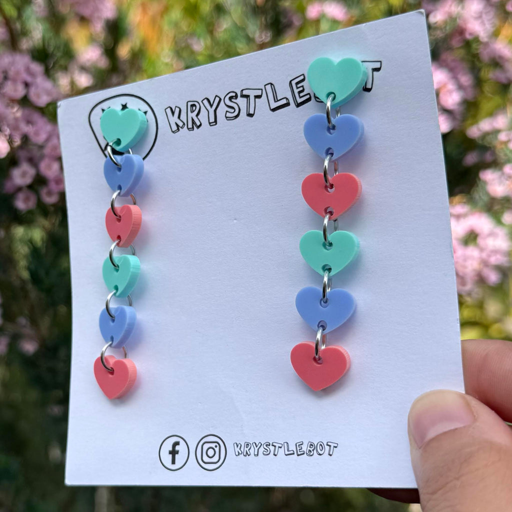 Blue, spearmint green and raspberry sweetheart dangles, mini heart dangles, acrylic earrings, teacher earrings, lightweight dangles