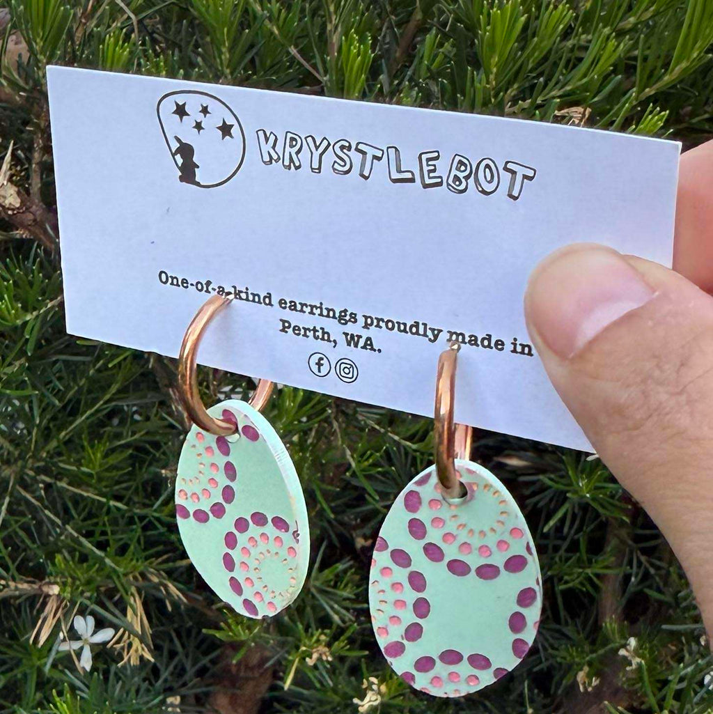 Mint green painted circle burst Huggie Hoop oval Earrings, Lightweight Acrylic Dangles, One-Off