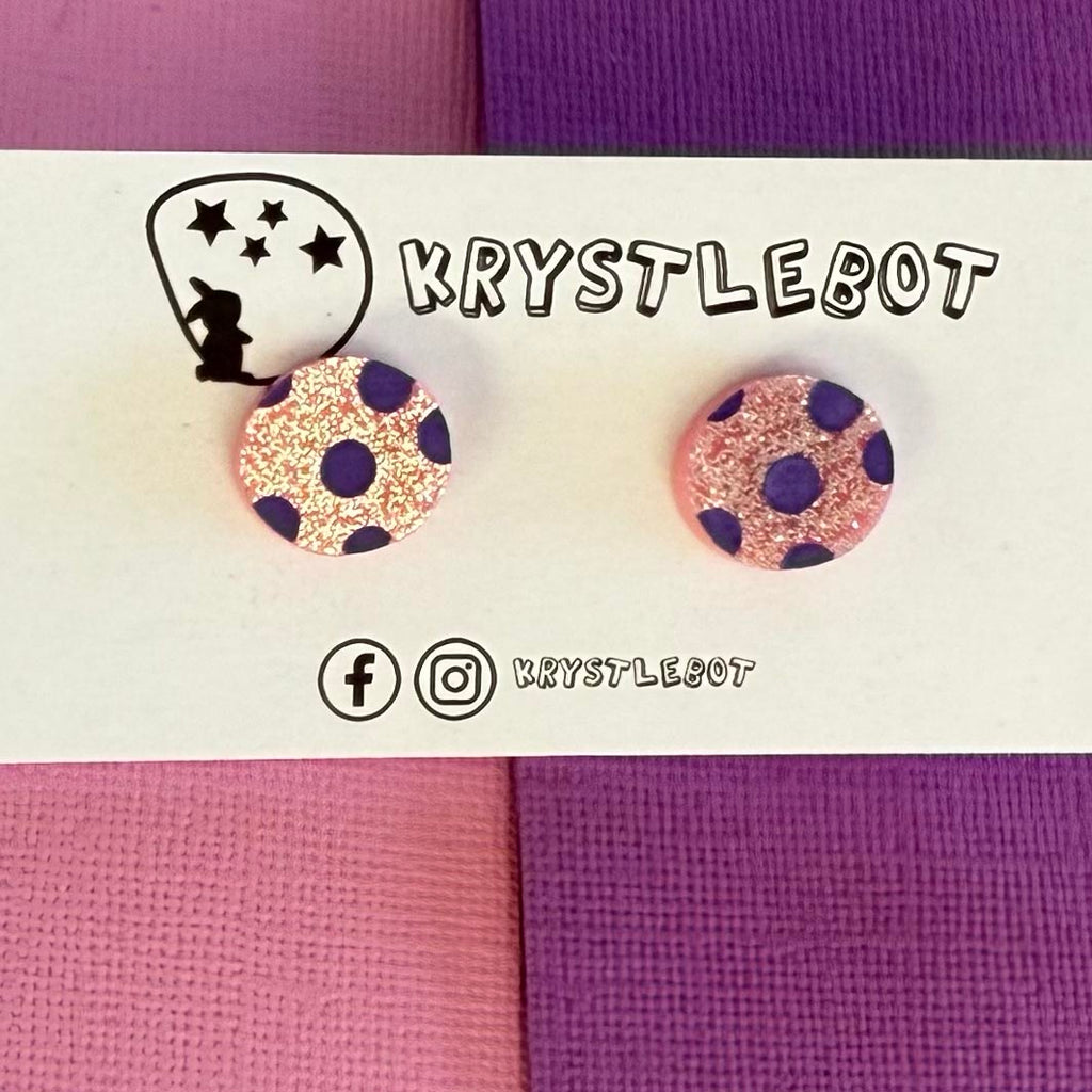 Pink glitter purple spotted painted oval studs, Teacher Gifts, Everyday earrings, Basic Studs