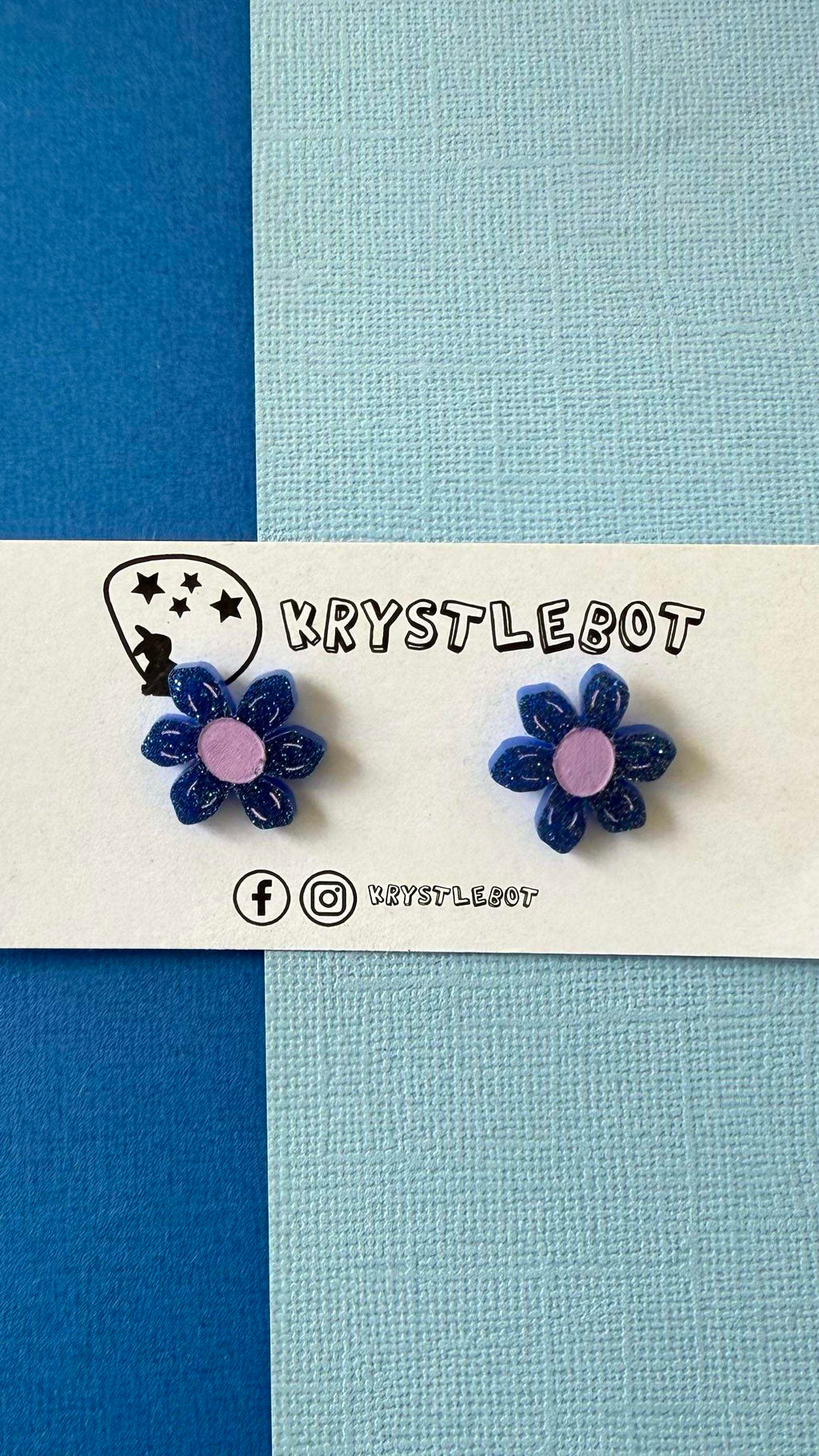 Blue glitter daisy studs, hand painted with pink centre and petal features, Lightweight Acrylic Studs Earrings, first earring