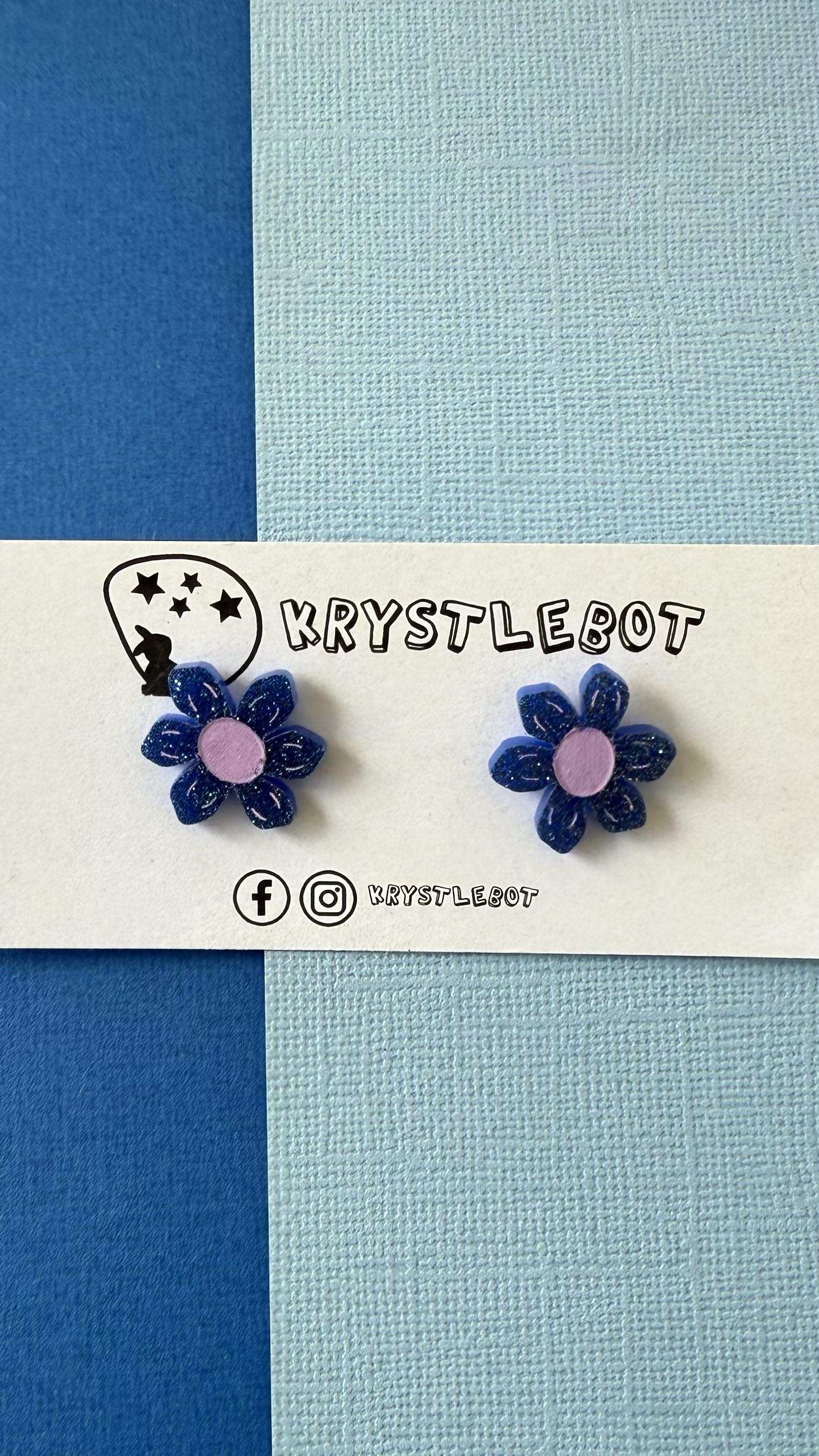 Blue glitter daisy studs, hand painted with pink centre and petal features, Lightweight Acrylic Studs Earrings, first earring