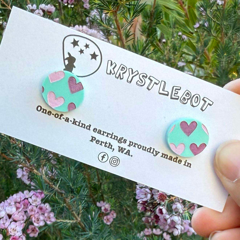 Mint green pink and purple heart painted oval studs, Teacher Gifts, Everyday earrings, Basic Studs