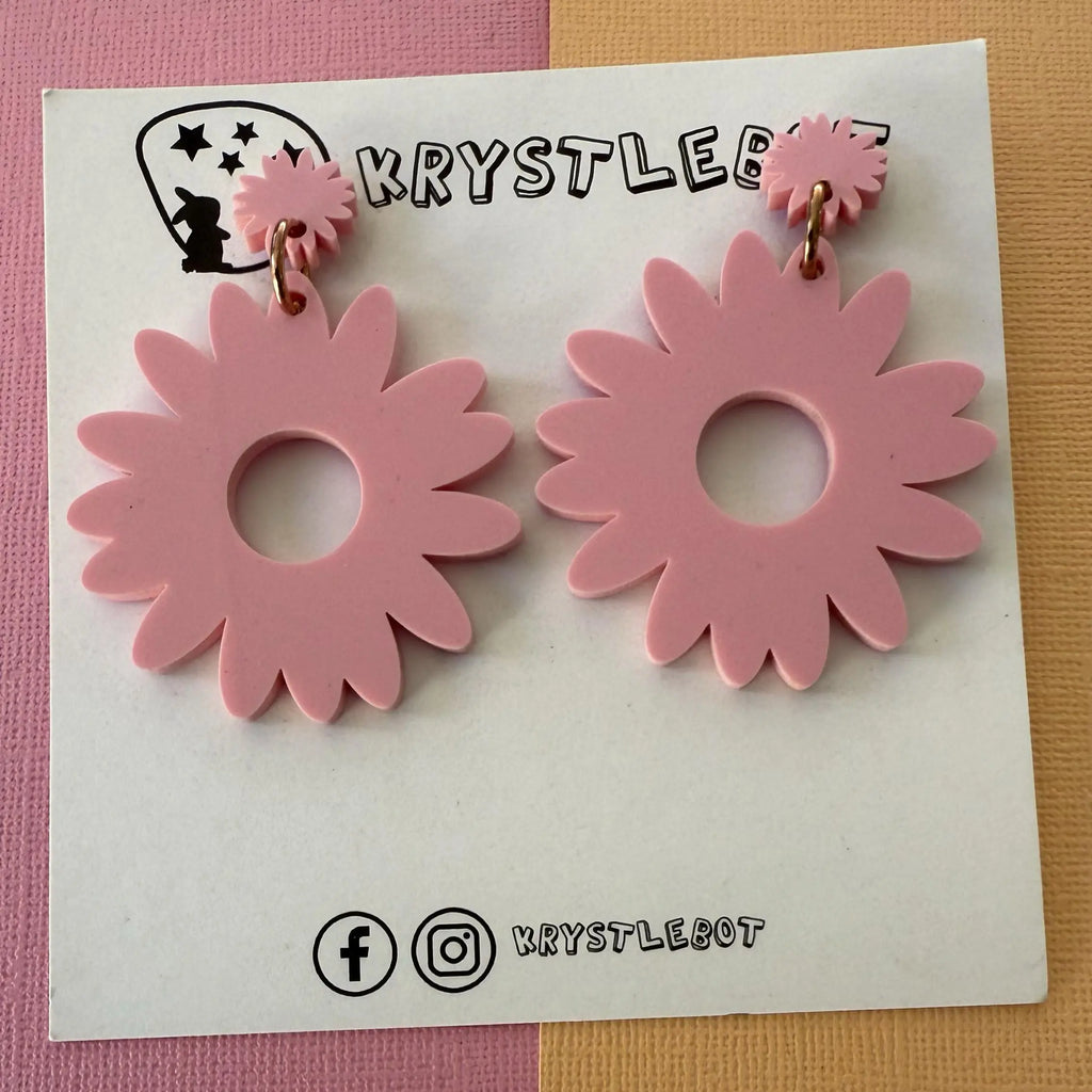 Large pink sunflower statement dangles, floral flower earrings, big statement lightweight earrings, teacher earrings