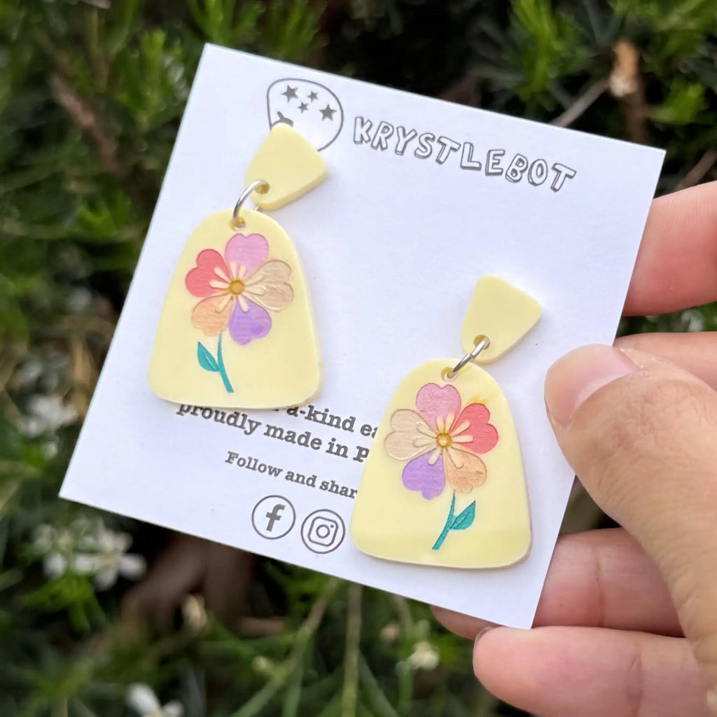 Yellow multi coloured flower Hand Painted Earrings, Lightweight Acrylic Dangles, One-Off
