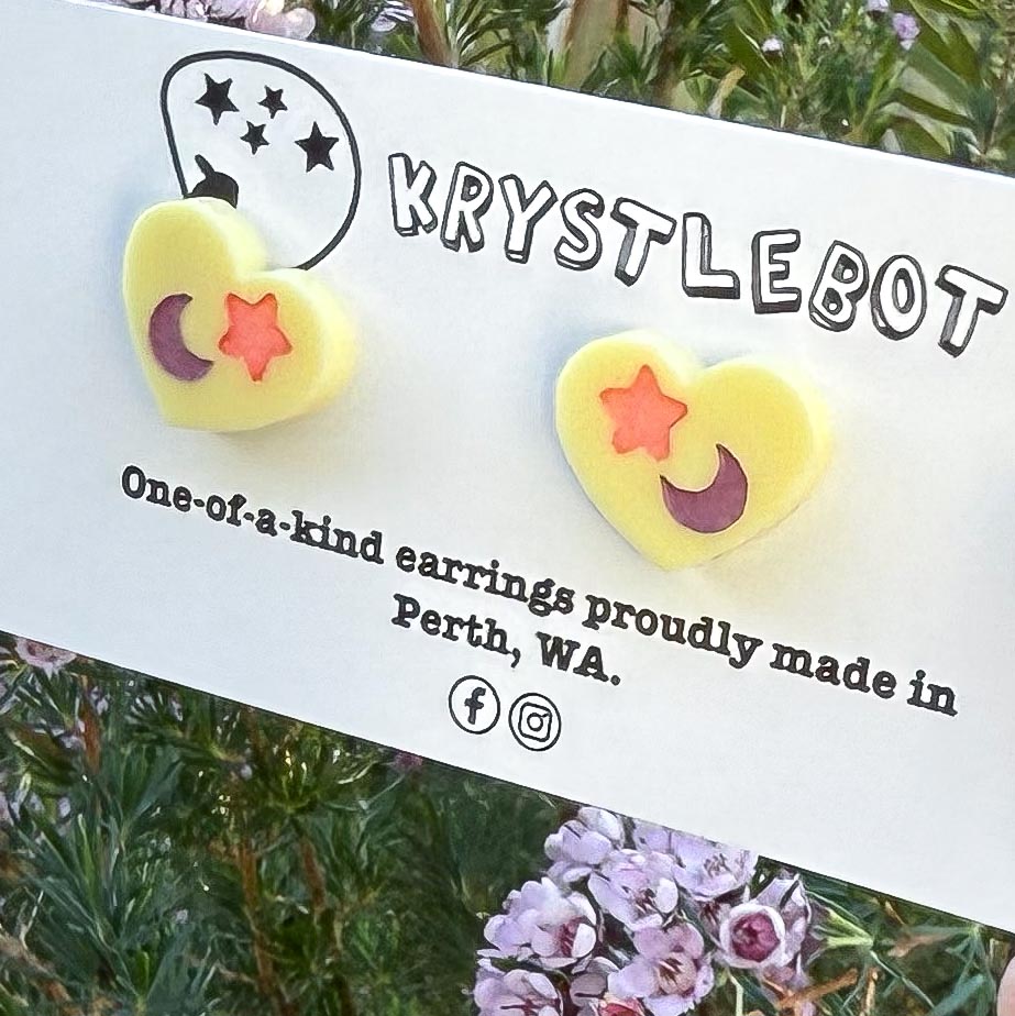 Yellow mini heart star and moon hand painted acrylic earrings, one-of-a-kind, only one made like this