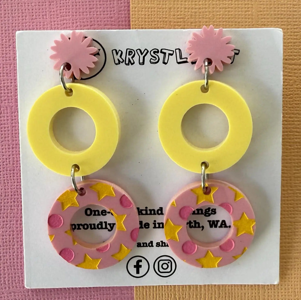 Pink and yellow painted circle and starburst statement dangles, Acrylic earrings, Lightweight dangles,Teacher Earrings