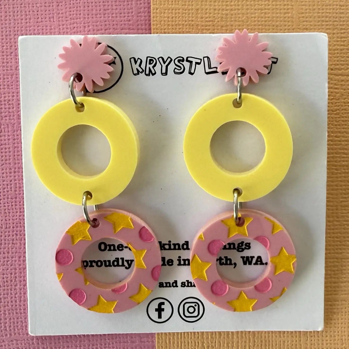 Pink and yellow painted circle and starburst statement dangles, Acrylic earrings, Lightweight dangles,Teacher Earrings