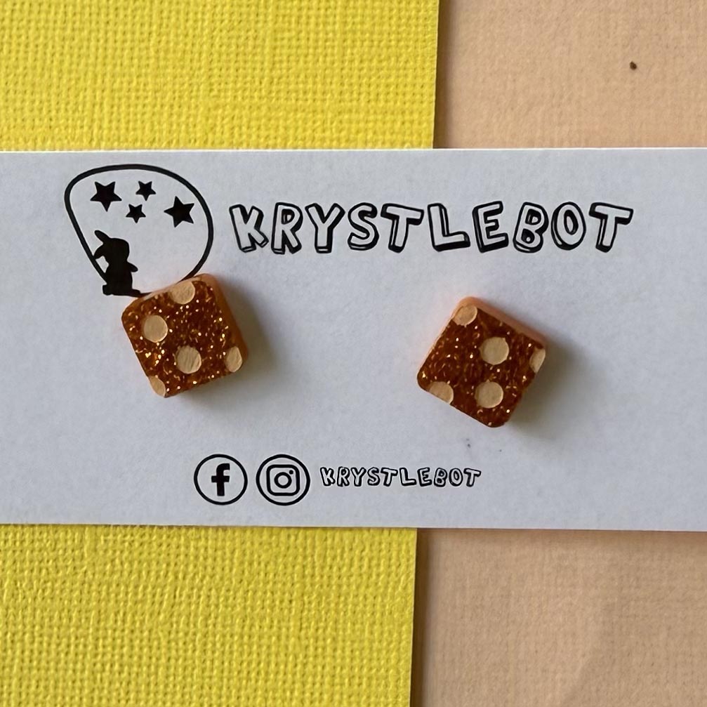 Orange glitter with peach coloured spotted painted square studs, Teacher Gifts, Everyday earrings, Basic Studs