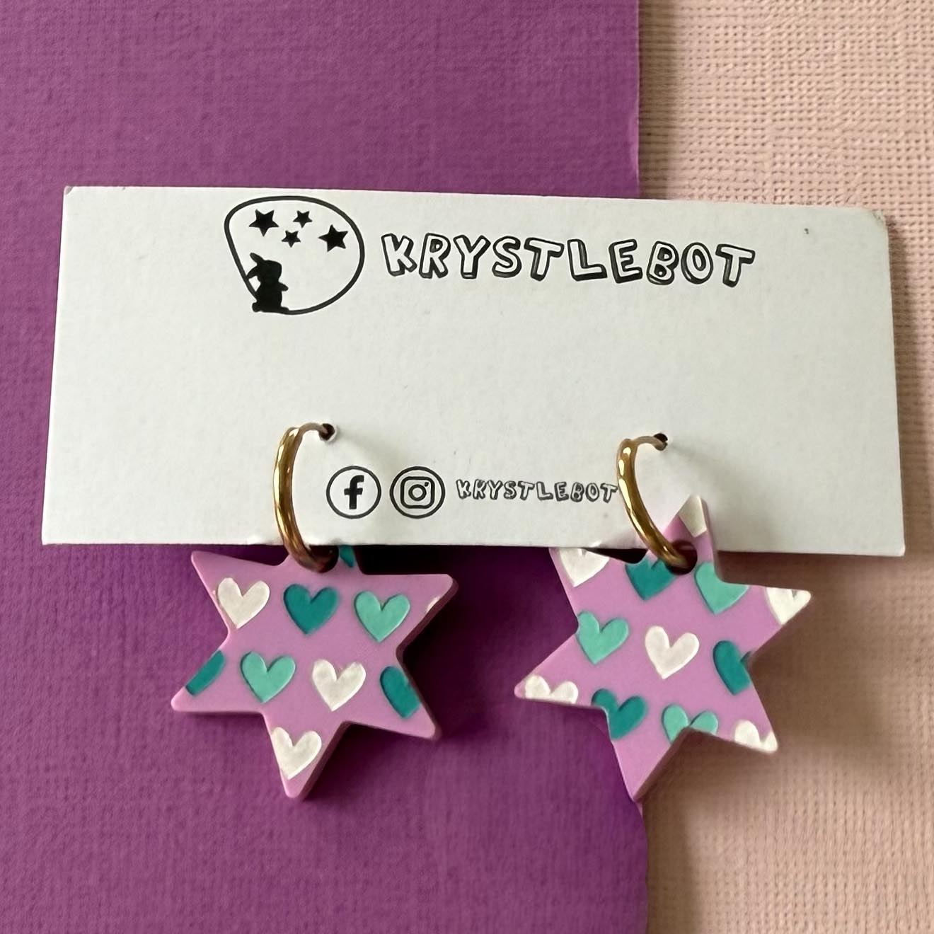 Purple star dangles hand painted with white, aqua and teal hearts, Huggie Hoop Square Earrings, Lightweight Acrylic Dangles, One-Off