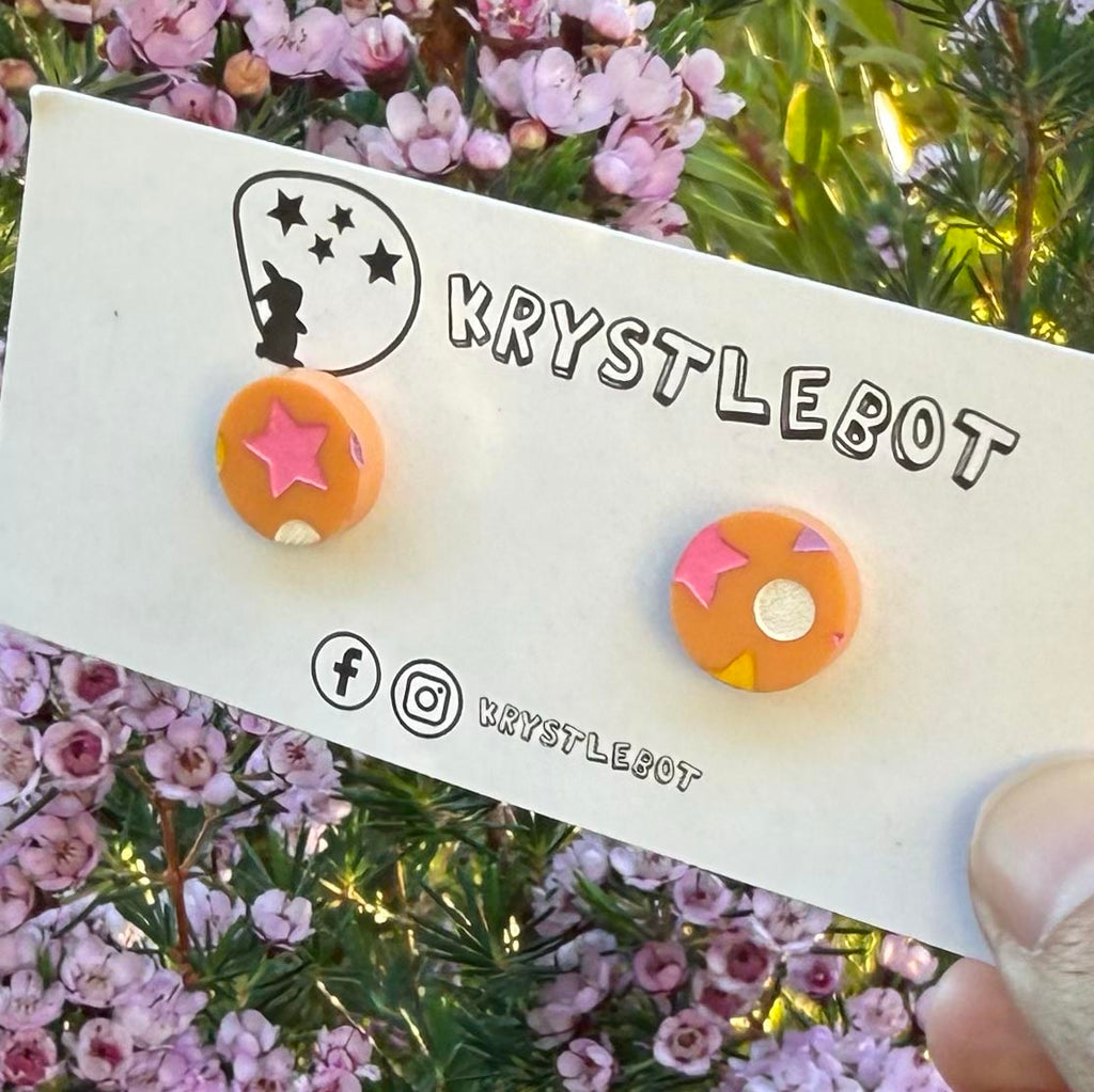 Orange celestial hand painted circle studs, Teacher Gifts, Everyday earrings, Basic Studs