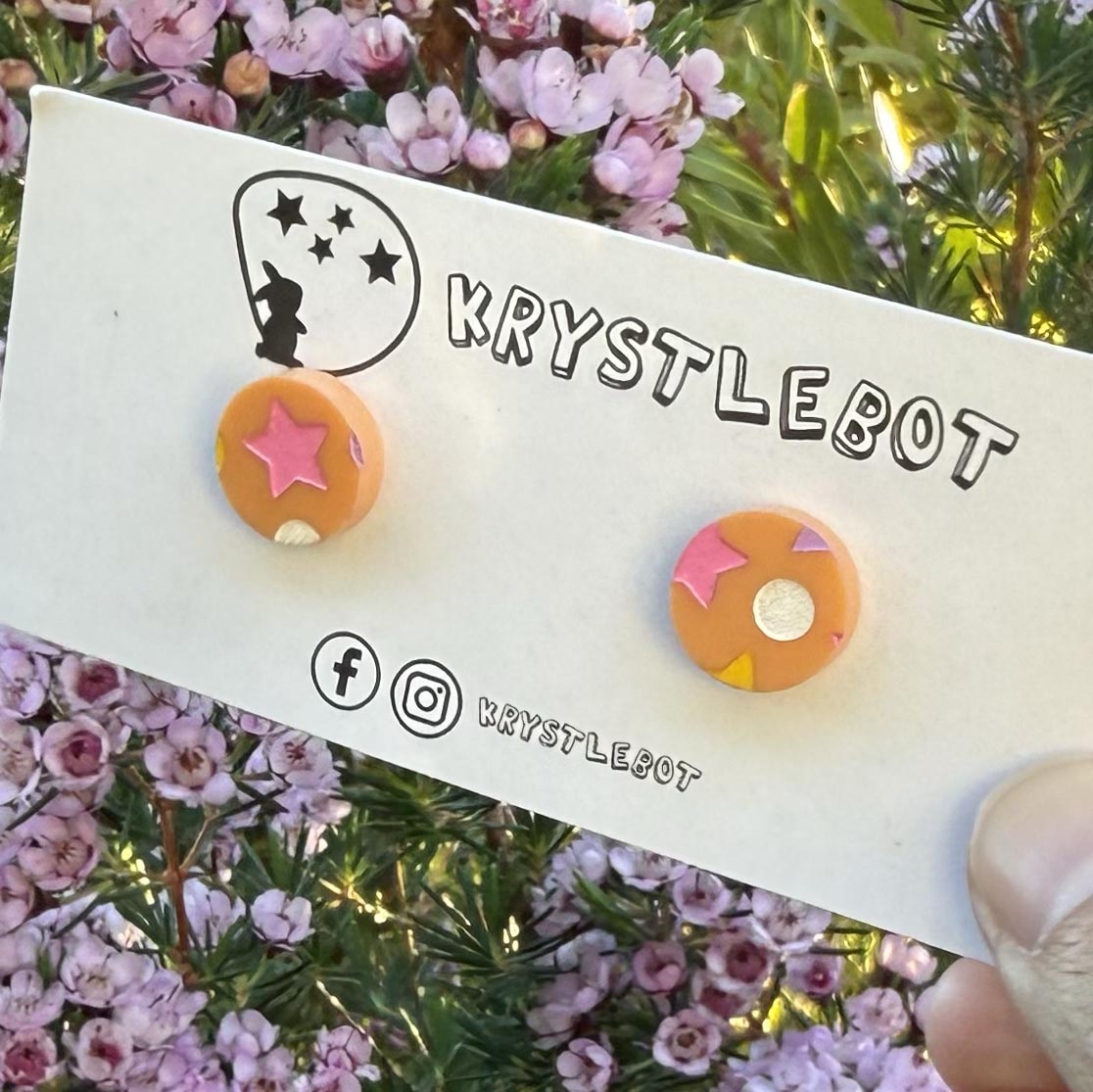 Orange celestial hand painted circle studs, Teacher Gifts, Everyday earrings, Basic Studs