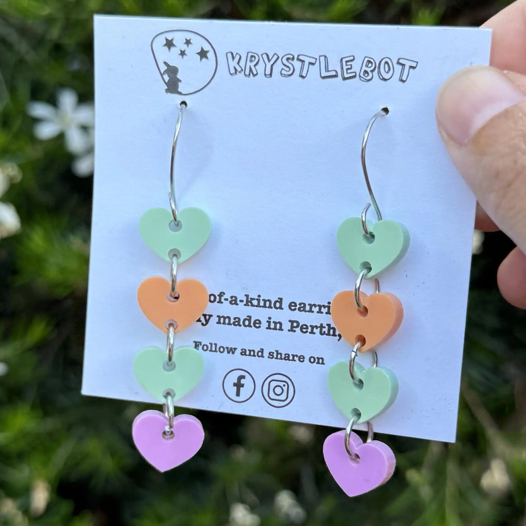 Green orange sweetheart dangles, mini heart dangles, acrylic earrings, teacher earrings, lightweight dangles