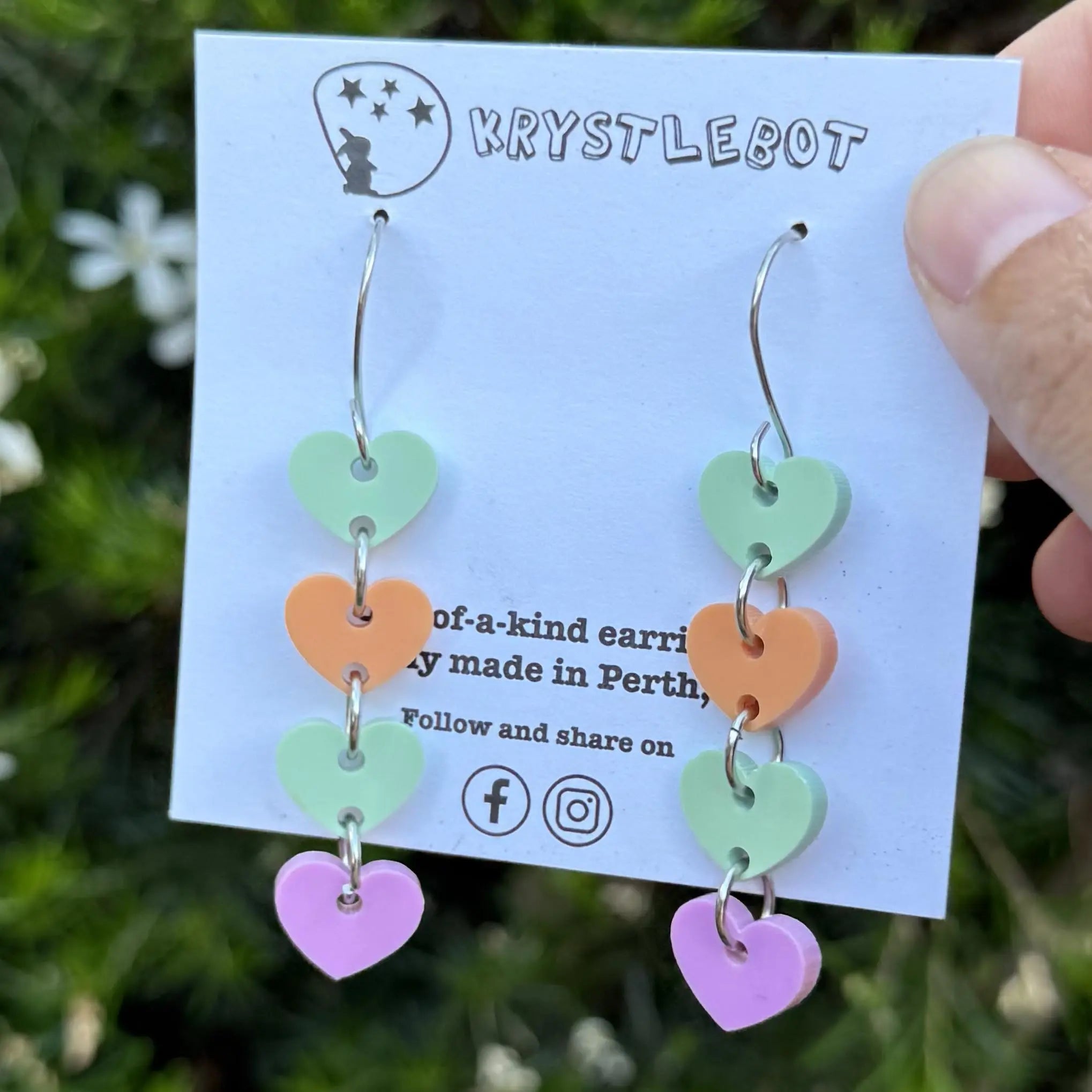 Green orange sweetheart dangles, mini heart dangles, acrylic earrings, teacher earrings, lightweight dangles