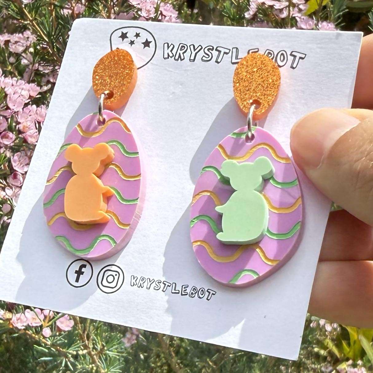 Koala Mismatched Dangles, Mint Green and Peach Orange wave Hand Painted Oval Earrings, Lightweight Acrylic Dangles, One-Off