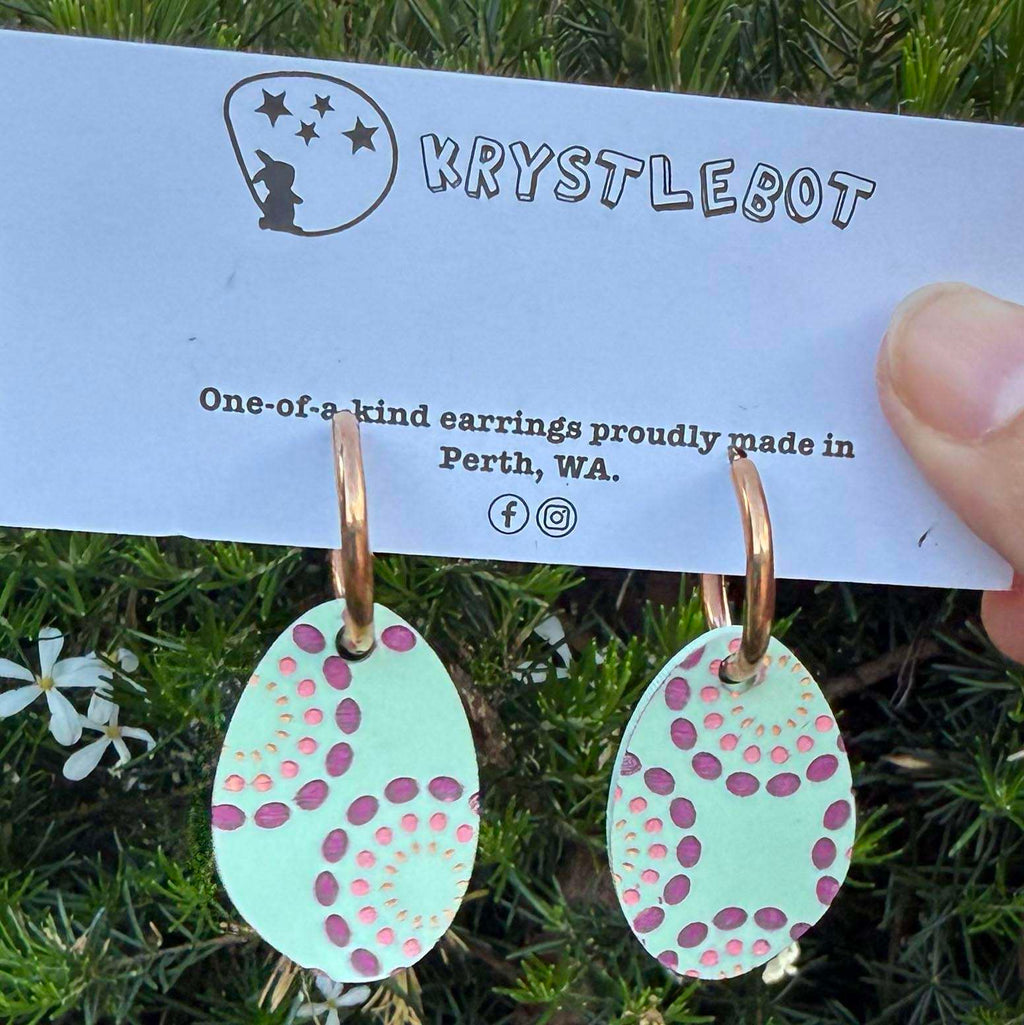 Mint green painted circle burst Huggie Hoop oval Earrings, Lightweight Acrylic Dangles, One-Off
