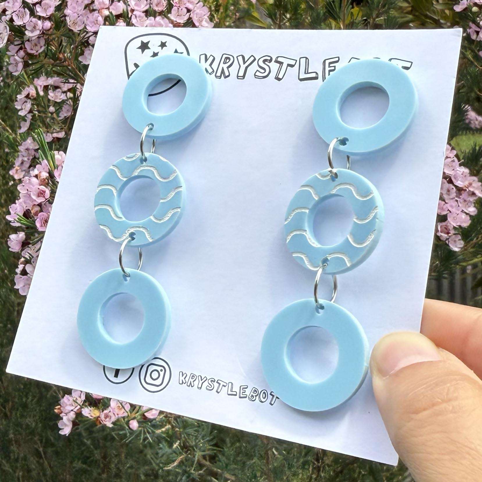 Light Blue Circle Trio dangles with white hand painted wave centre, Acrylic earrings, Lightweight dangles,Teacher Earrings