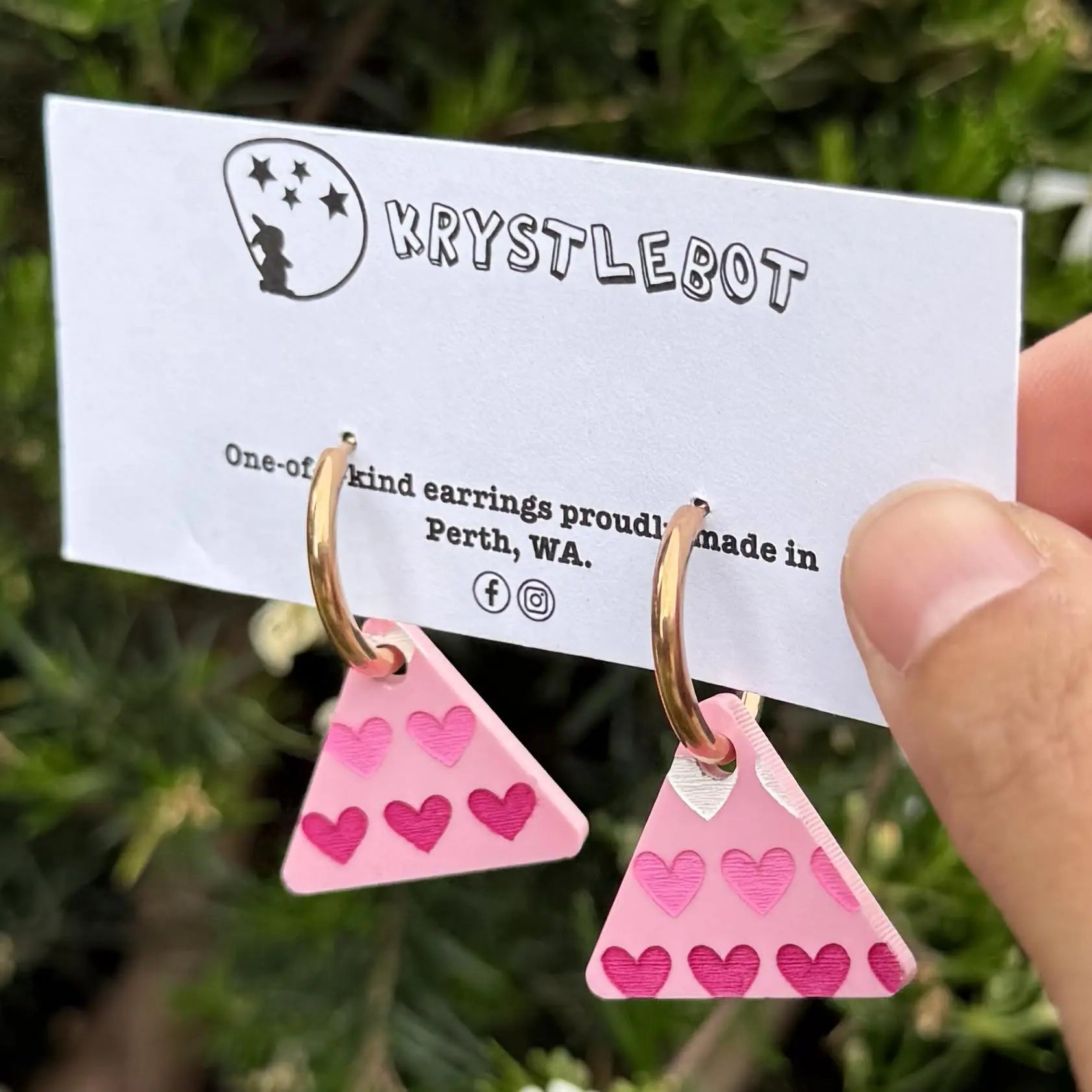 Pink Painted Heart Spots Huggie Hoop triangle Earrings, Lightweight Acrylic Dangles, One-Off