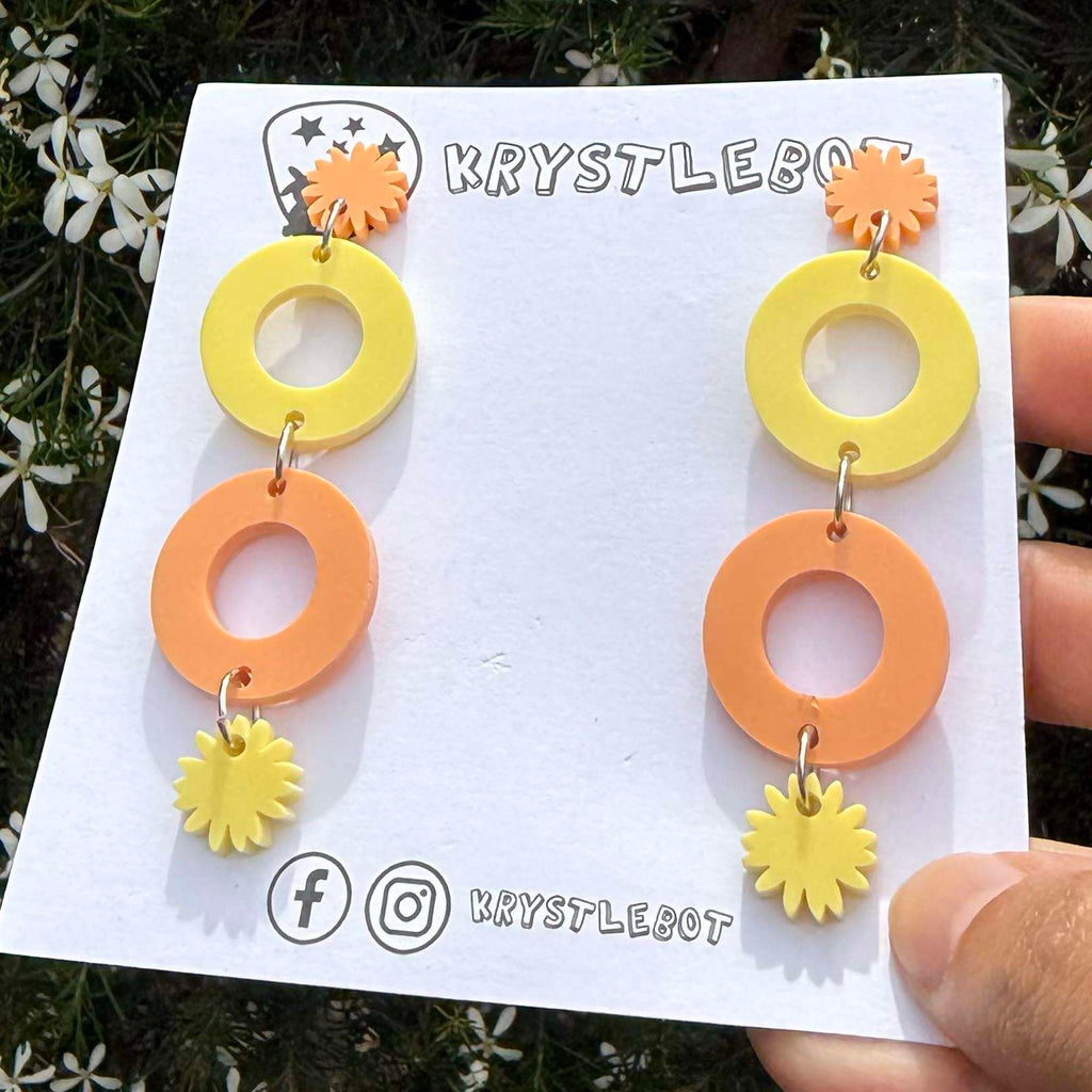 Orange and yellow starburst and circle dangles, Acrylic earrings, Lightweight dangles,Teacher Earrings