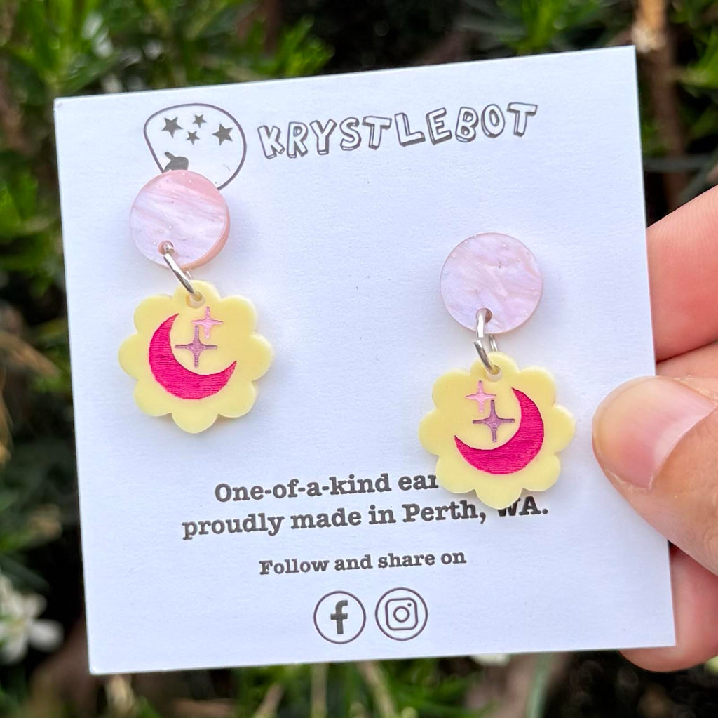 Yellow and pink star trio Hand Painted Earrings, Lightweight Acrylic Dangles, One-Off