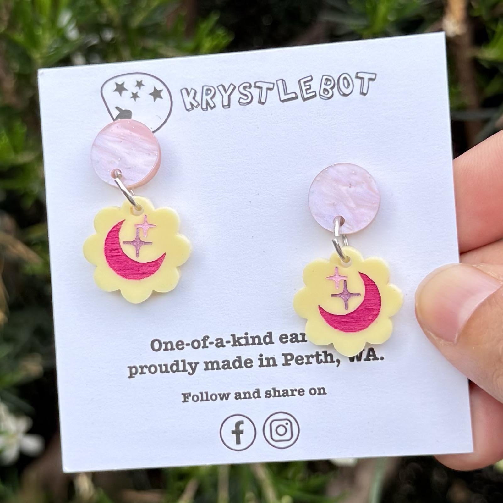 Yellow and pink star trio Hand Painted Earrings, Lightweight Acrylic Dangles, One-Off