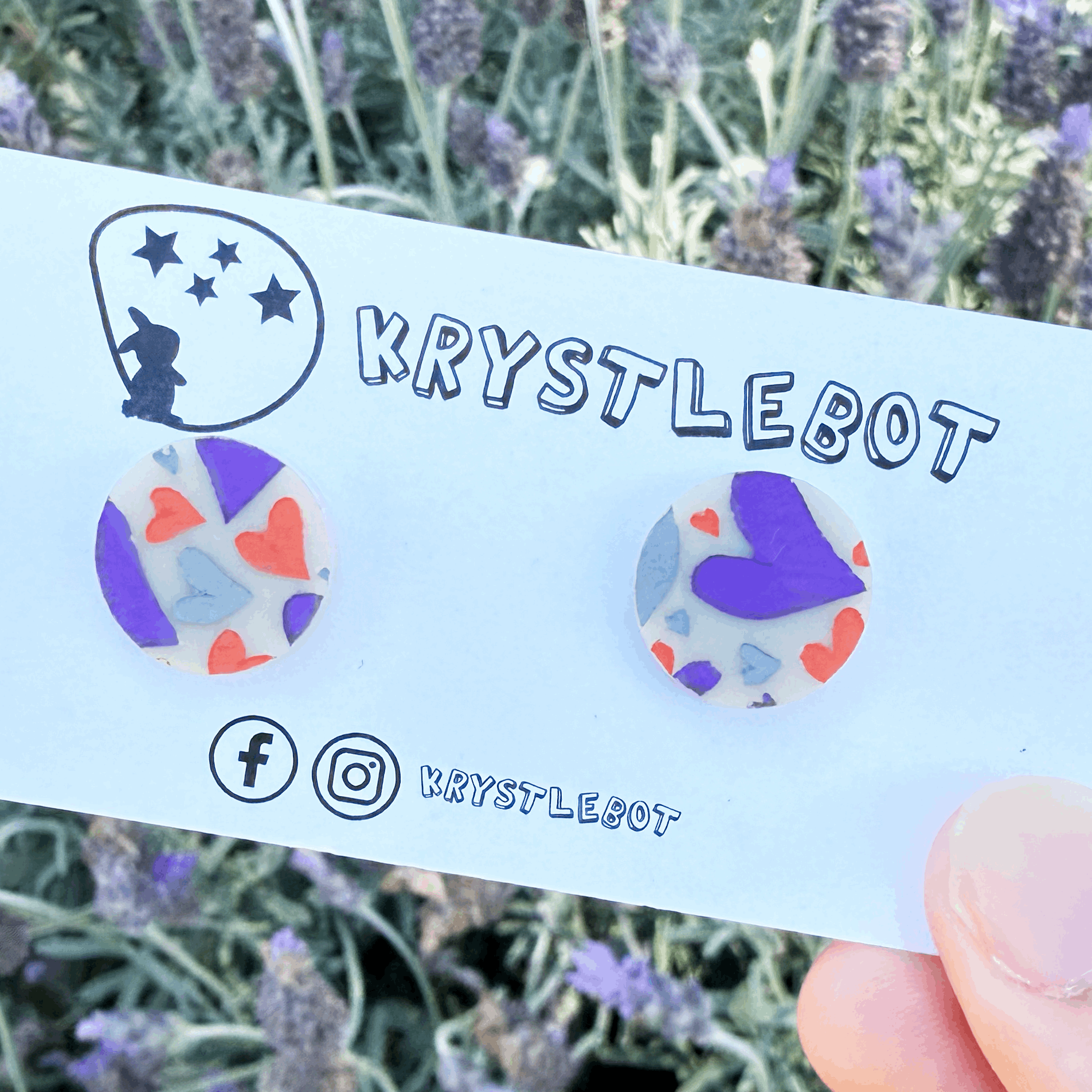 Heart pattern circle acrylic cream studs, hand painted in purple, orange and light grey. One-of-a-kind