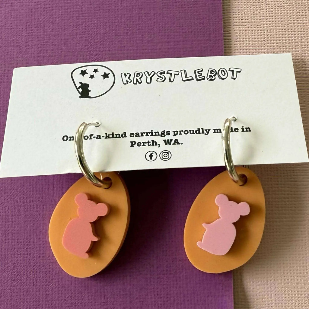 Orange and pink mismatched koala huggie Hoop Oval Earrings, Lightweight Acrylic Dangles, One-Off
