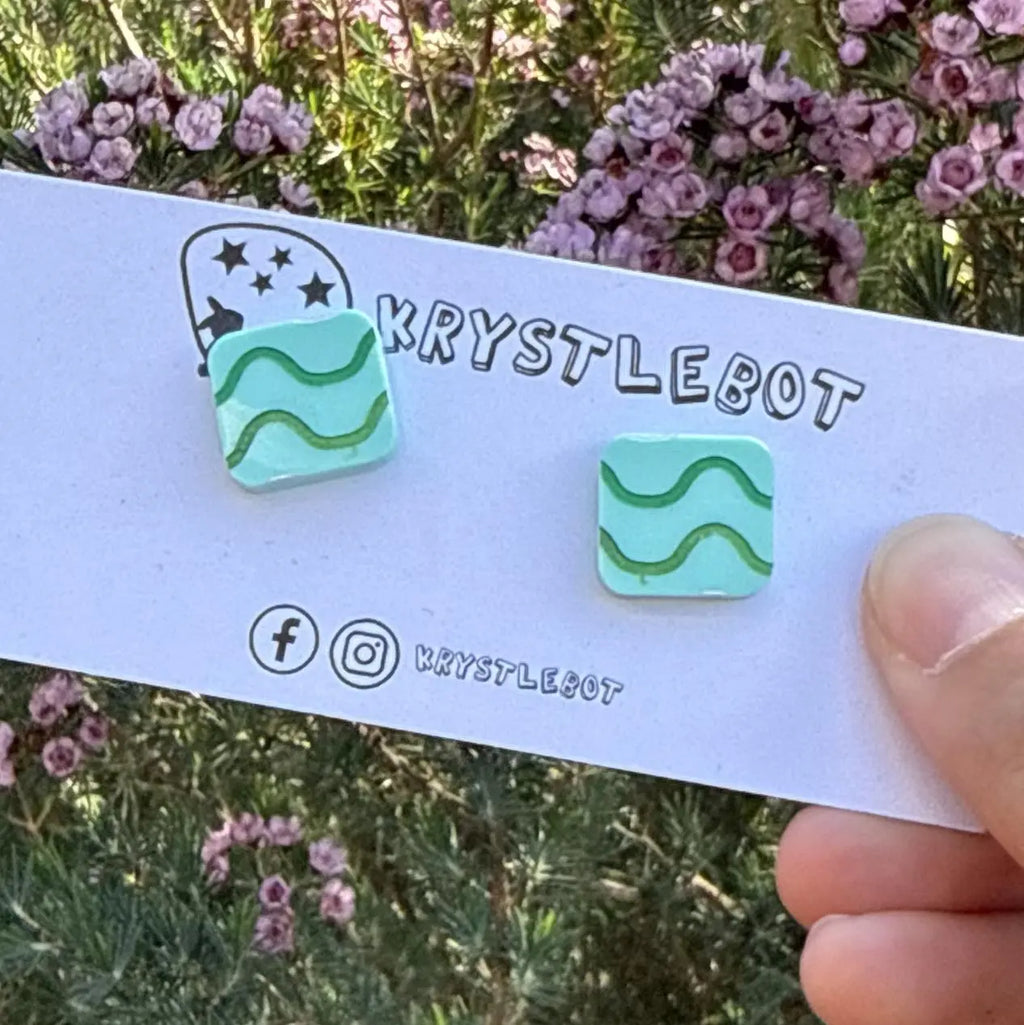 Green tonal wave hand painted square shaped acrylic earrings, one-of-a-kind, only one made like this