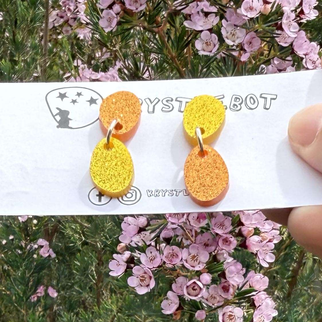 Orange and Yellow sports glitter small oval dangle earrings, mismatch lightweight earrings, teacher dangles, kid earrings, first earrings