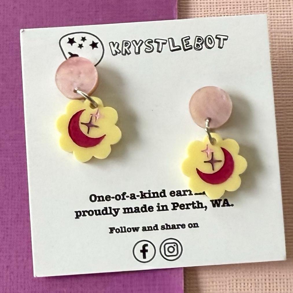 Yellow and pink star trio Hand Painted Earrings, Lightweight Acrylic Dangles, One-Off