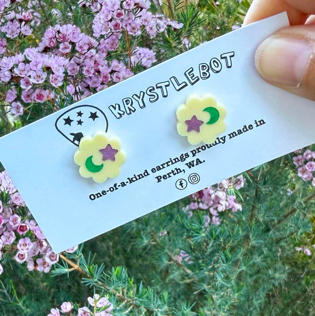 Yellow hand painted star and moon studs, Teacher Gifts, Everyday earrings, Basic Studs