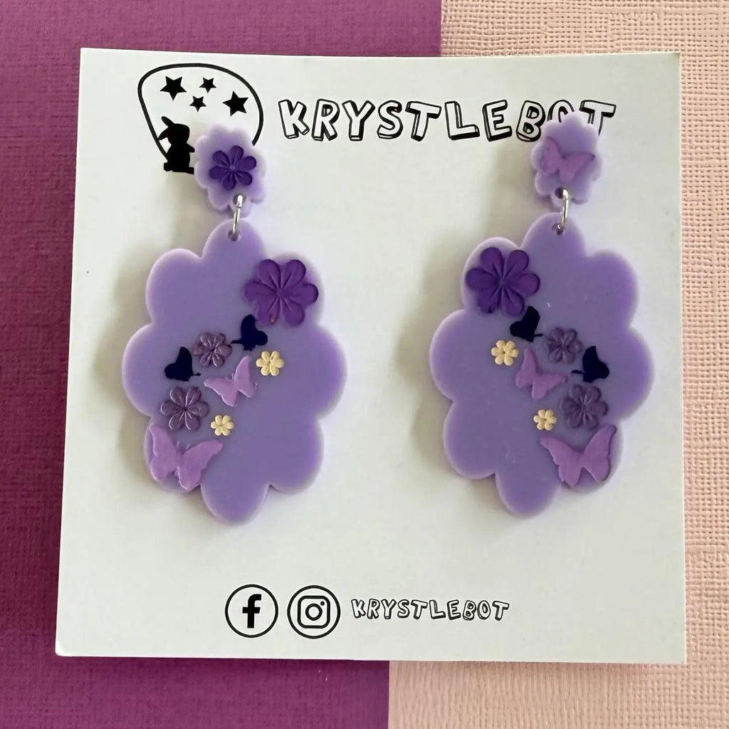 Purple flower and butterfly Inspired Hand Painted Flower Cloud Burst Earrings, Lightweight Acrylic Dangles, One-Off Etsy