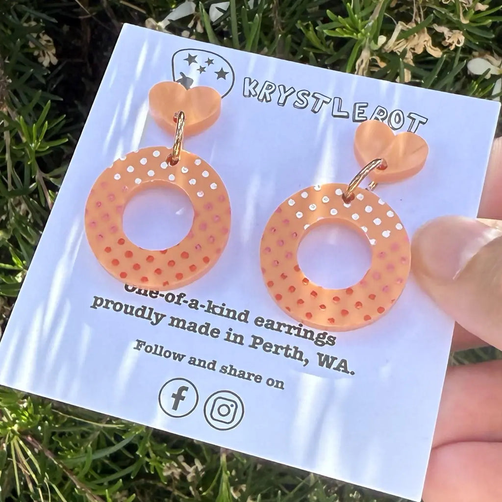Orange Painted Spot Circle and Heart Dangles, Acrylic earrings, Lightweight dangles,Teacher Earrings